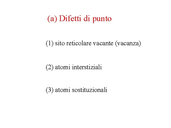 (a) Difetti di punto (1) sito reticolare vacante (vacanza) (2) atomi interstiziali (3) atomi