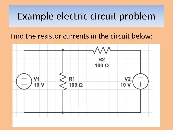 Example electric circuit problem Find the resistor currents in the circuit below: 