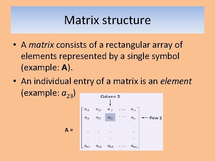 Matrix structure • A matrix consists of a rectangular array of elements represented by