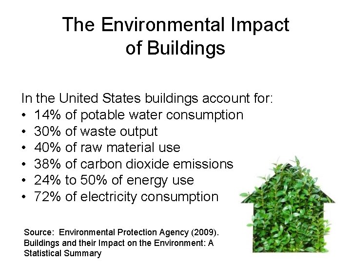 The Environmental Impact of Buildings In the United States buildings account for: • 14%