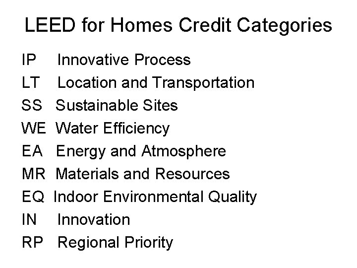 LEED for Homes Credit Categories IP LT SS WE EA MR EQ IN RP