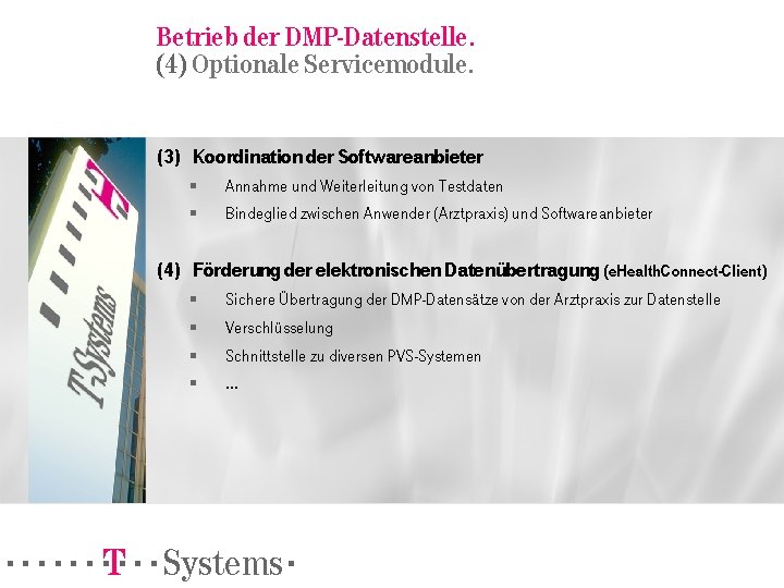 Betrieb der DMP-Datenstelle. (4) Optionale Servicemodule. (3) Koordination der Softwareanbieter § Annahme und Weiterleitung