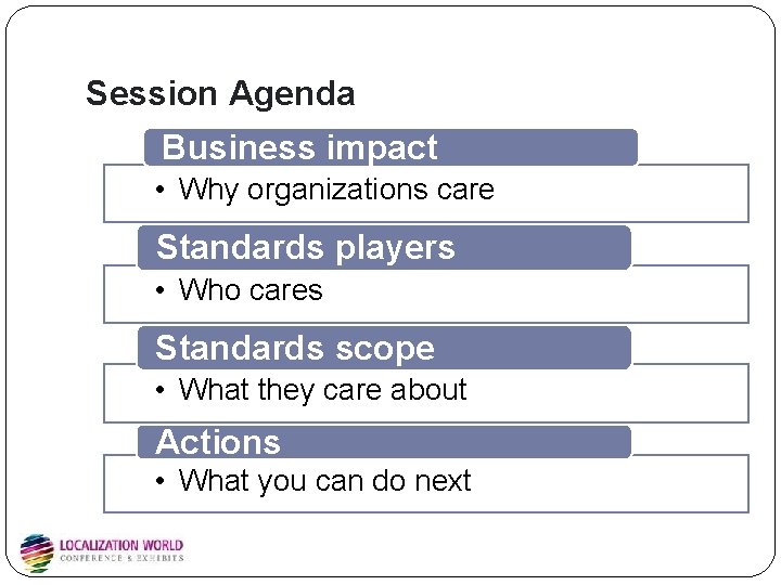 Session Agenda Business impact • Why organizations care Standards players • Who cares Standards Session Agenda Business impact • Why organizations care Standards players • Who cares Standards
