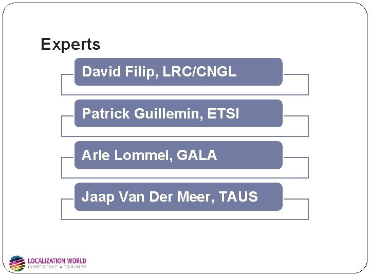 Experts David Filip, LRC/CNGL Patrick Guillemin, ETSI Arle Lommel, GALA Jaap Van Der Meer, Experts David Filip, LRC/CNGL Patrick Guillemin, ETSI Arle Lommel, GALA Jaap Van Der Meer,