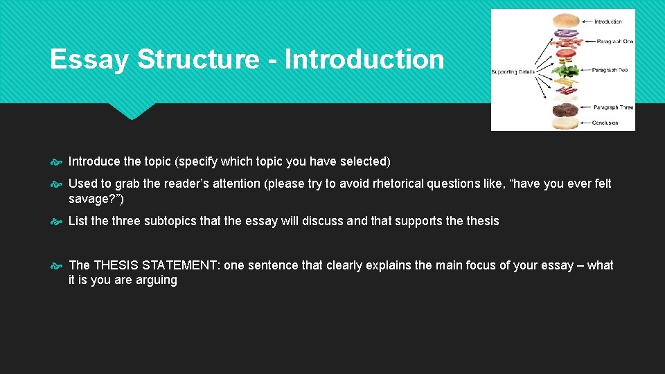 Essay Structure - Introduction Introduce the topic (specify which topic you have selected) Used