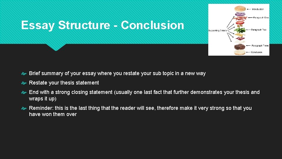 Essay Structure - Conclusion Brief summary of your essay where you restate your sub