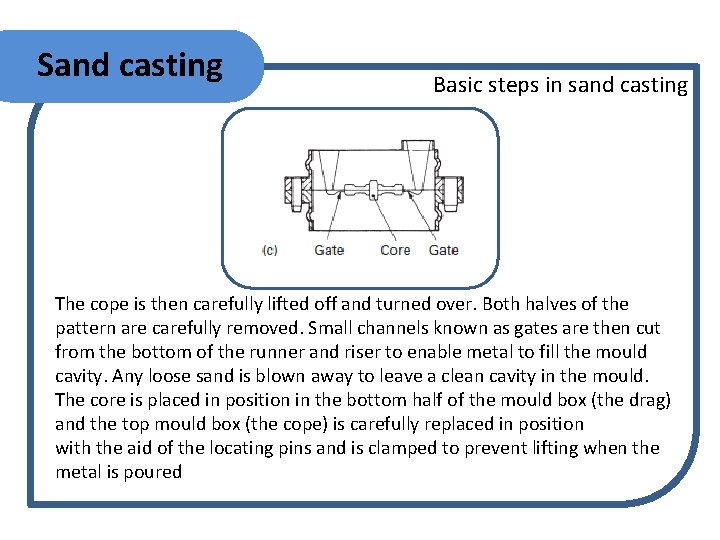 Sand casting Basic steps in sand casting The cope is then carefully lifted off