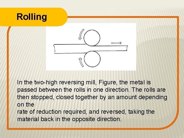 Rolling In the two-high reversing mill, Figure, the metal is passed between the rolls