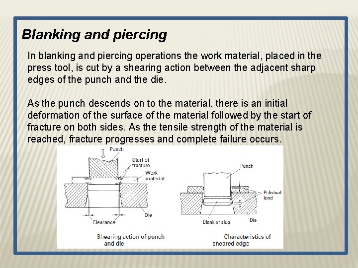 Blanking and piercing In blanking and piercing operations the work material, placed in the