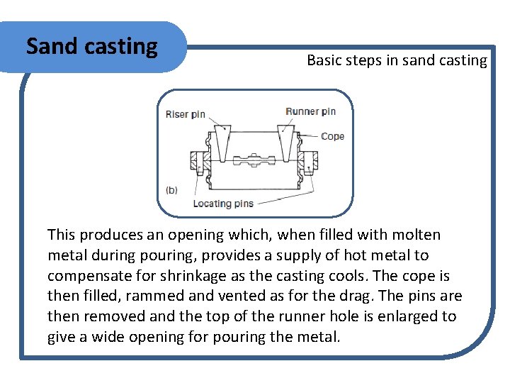 Sand casting Basic steps in sand casting This produces an opening which, when filled