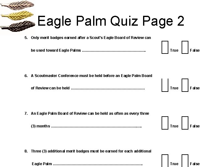 Eagle Palm Quiz Page 2 5. Only merit badges earned after a Scout's Eagle