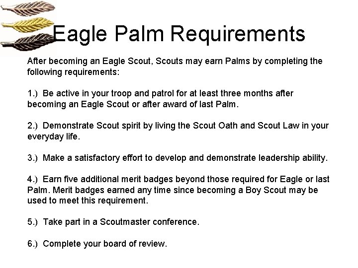 Eagle Palm Requirements After becoming an Eagle Scout, Scouts may earn Palms by completing