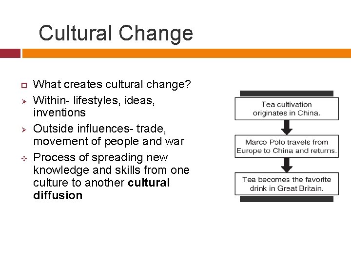 Cultural Change Ø Ø v What creates cultural change? Within- lifestyles, ideas, inventions Outside
