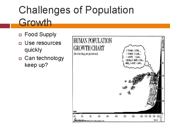 Challenges of Population Growth Food Supply Use resources quickly Can technology keep up? 