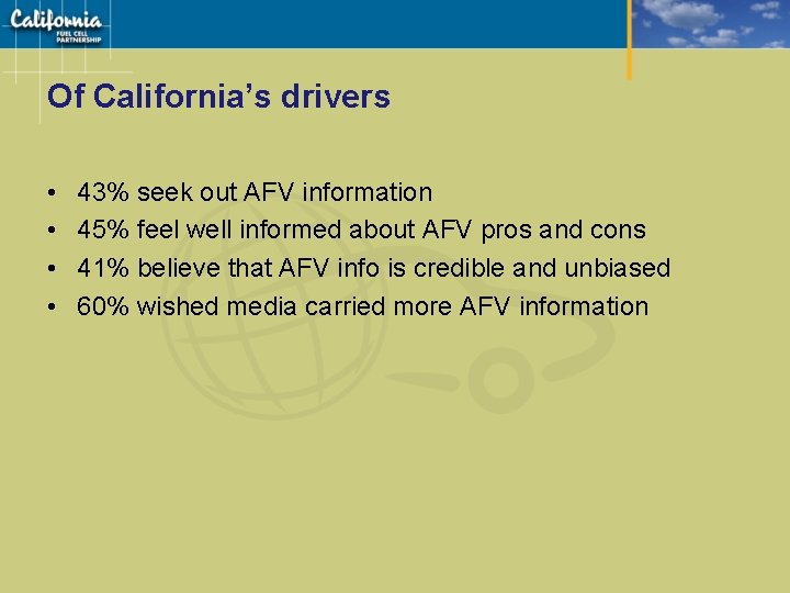Of California’s drivers • • 43% seek out AFV information 45% feel well informed