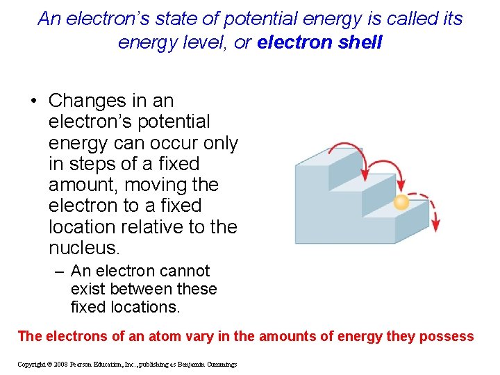 An electron’s state of potential energy is called its energy level, or electron shell An electron’s state of potential energy is called its energy level, or electron shell