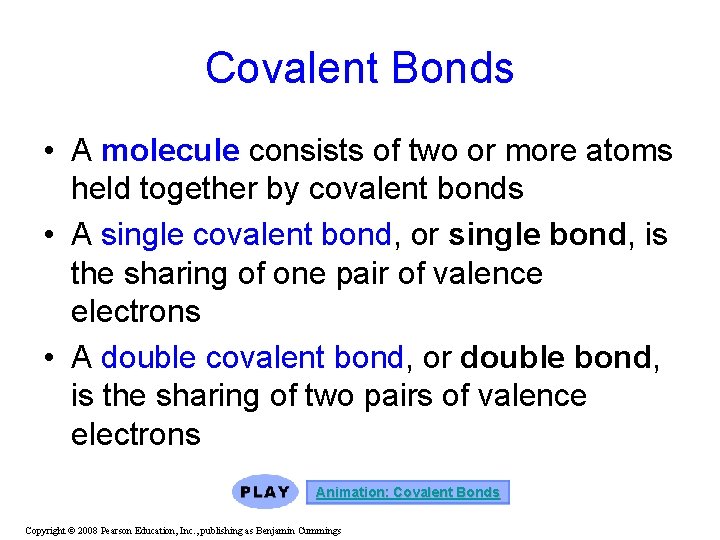 Covalent Bonds • A molecule consists of two or more atoms held together by Covalent Bonds • A molecule consists of two or more atoms held together by