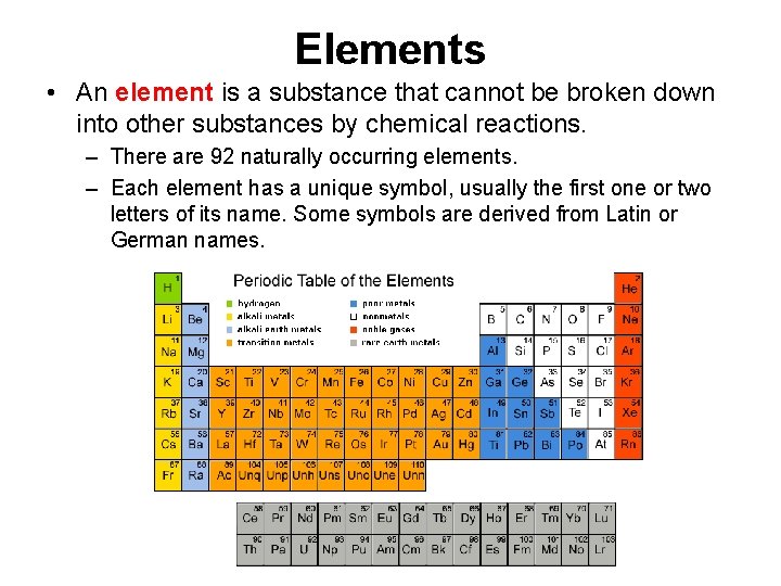 Elements • An element is a substance that cannot be broken down into other Elements • An element is a substance that cannot be broken down into other