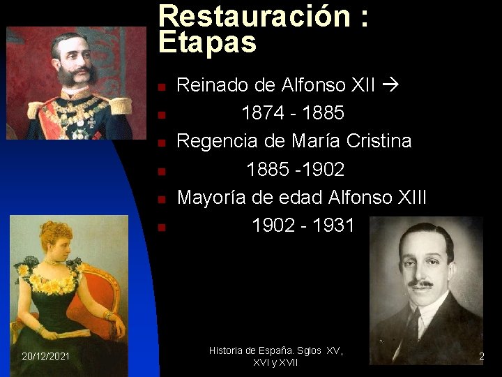 Restauración : Etapas n n n 20/12/2021 Reinado de Alfonso XII 1874 - 1885