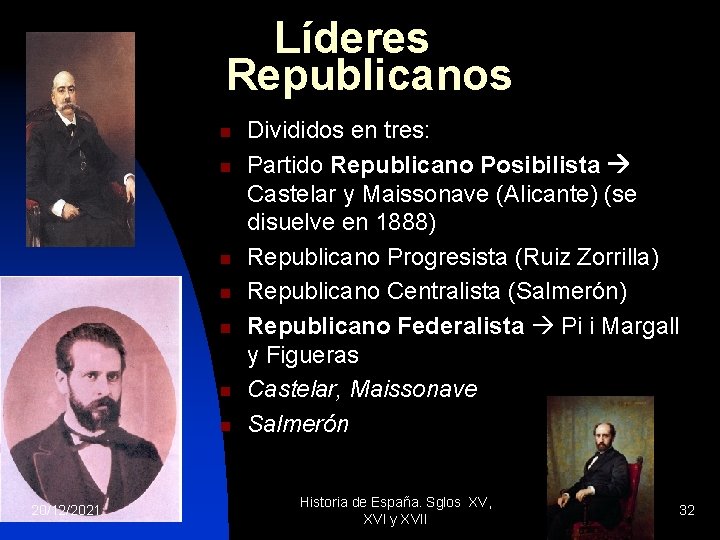 Líderes Republicanos n n n n 20/12/2021 Divididos en tres: Partido Republicano Posibilista Castelar
