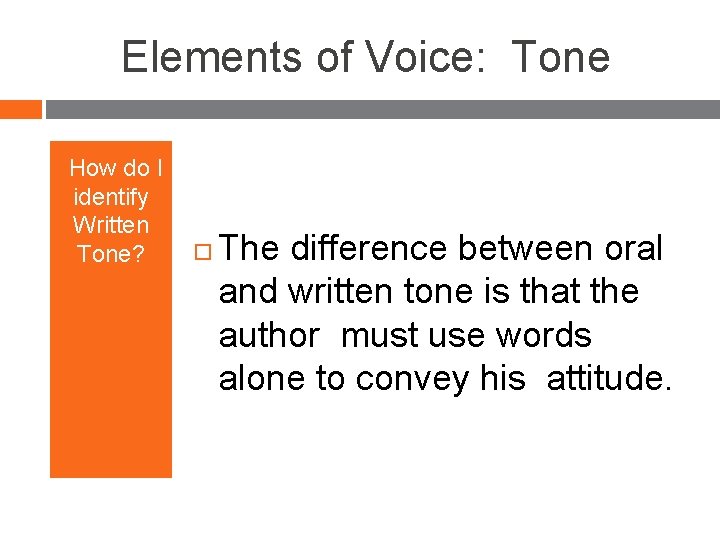 Elements of Voice: Tone How do I identify Written Tone? The difference between oral