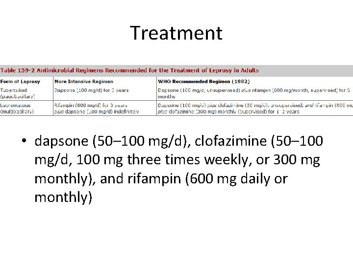 Treatment • dapsone (50– 100 mg/d), clofazimine (50– 100 mg/d, 100 mg three times