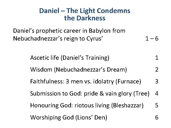 Daniel – The Light Condemns the Darkness Daniel’s prophetic career in Babylon from Nebuchadnezzar’s