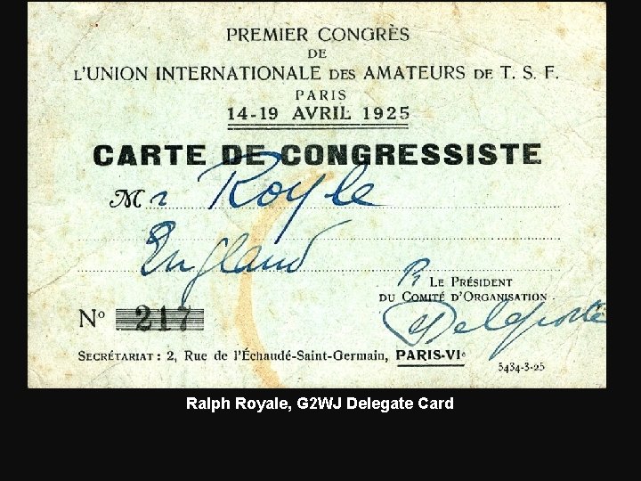 Ralph Royale, G 2 WJ Delegate Card 