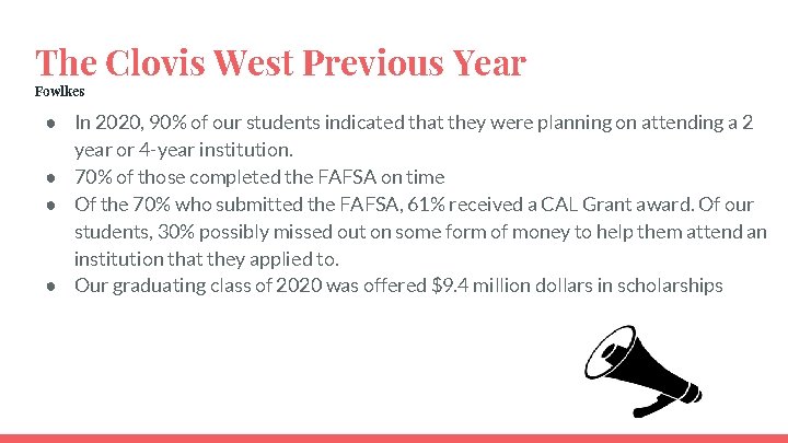 The Clovis West Previous Year Fowlkes ● In 2020, 90% of our students indicated