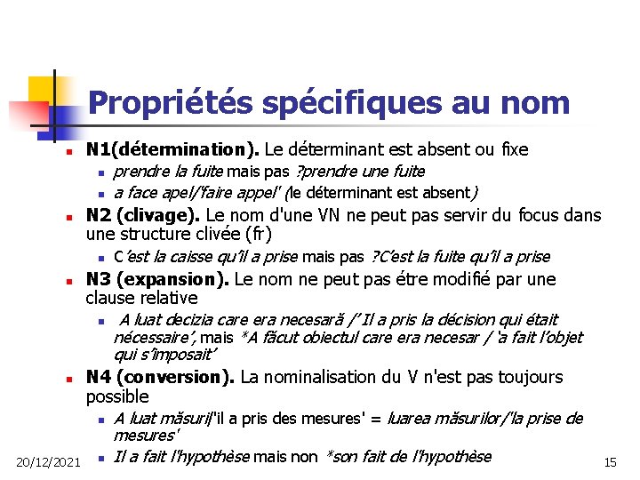 Propriétés spécifiques au nom n n 20/12/2021 N 1(détermination). Le déterminant est absent ou