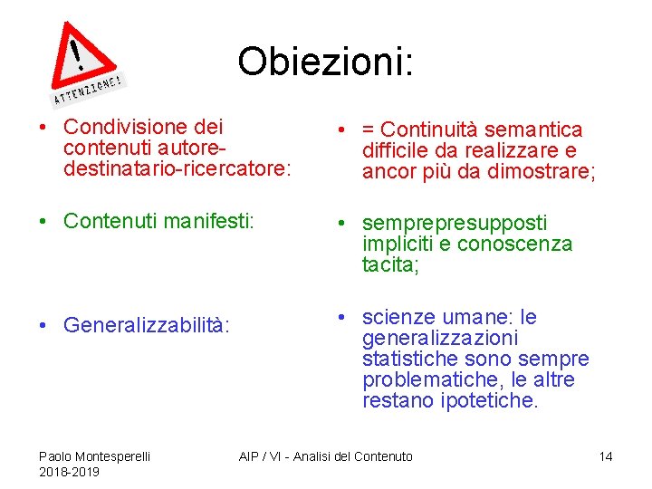 Obiezioni: • Condivisione dei contenuti autoredestinatario-ricercatore: • = Continuità semantica difficile da realizzare e Obiezioni: • Condivisione dei contenuti autoredestinatario-ricercatore: • = Continuità semantica difficile da realizzare e