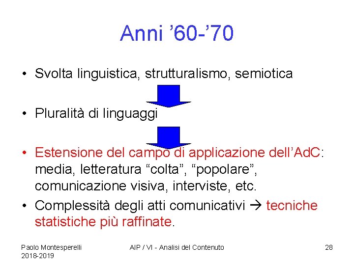 Anni ’ 60 -’ 70 • Svolta linguistica, strutturalismo, semiotica • Pluralità di linguaggi