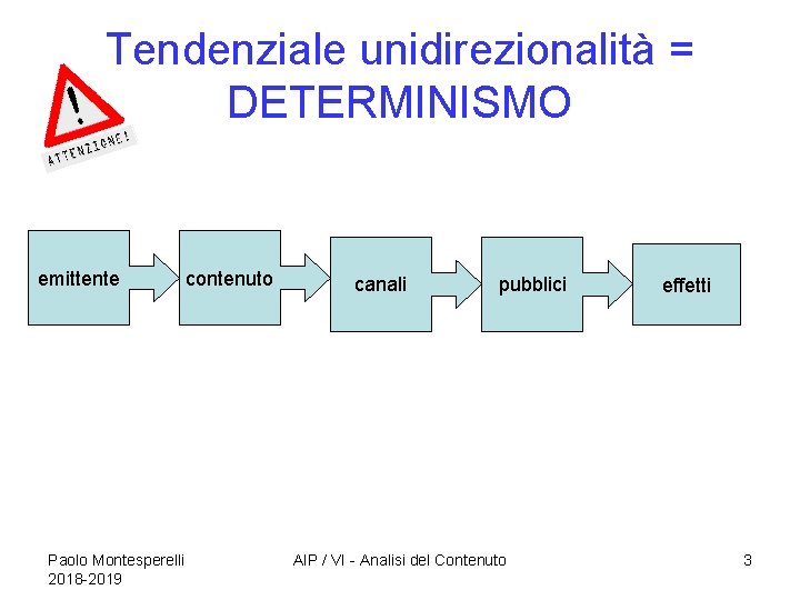 Tendenziale unidirezionalità = DETERMINISMO emittente Paolo Montesperelli 2018 -2019 contenuto canali pubblici AIP /