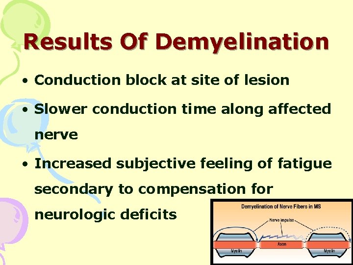 Results Of Demyelination • Conduction block at site of lesion • Slower conduction time
