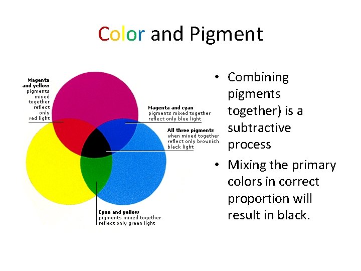 Color and Pigment • Combining pigments together) is a subtractive process • Mixing the