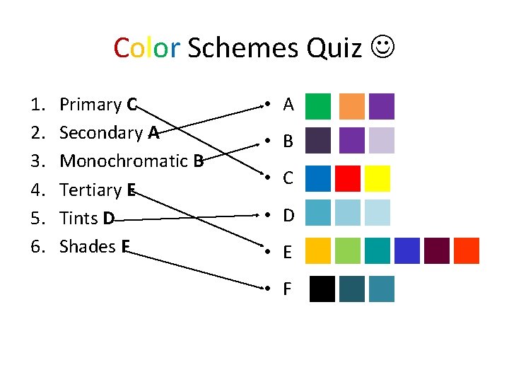 Color Schemes Quiz 1. 2. 3. 4. 5. 6. Primary C Secondary A Monochromatic