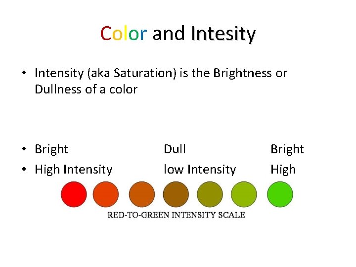 Color and Intesity • Intensity (aka Saturation) is the Brightness or Dullness of a