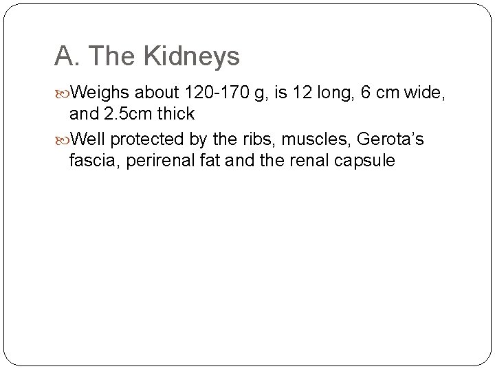 A. The Kidneys Weighs about 120 -170 g, is 12 long, 6 cm wide,
