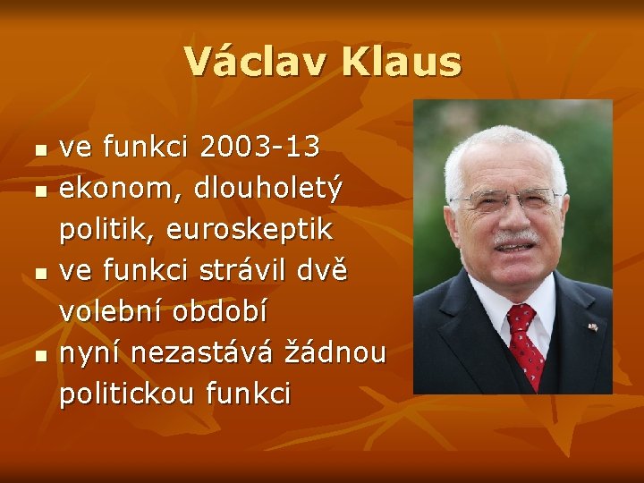 Václav Klaus n n ve funkci 2003 -13 ekonom, dlouholetý politik, euroskeptik ve funkci
