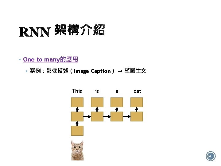 § One to many的應用 § 案例：影像描述（Image Caption） → 望圖生文 This is a cat 14