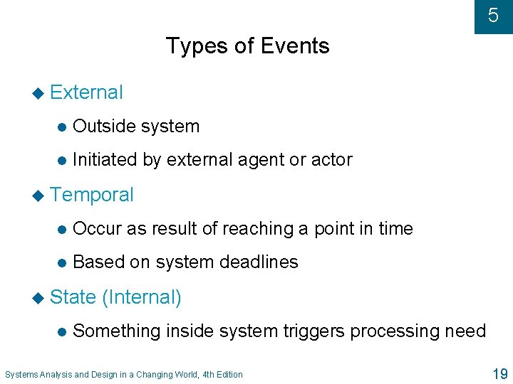 5 Types of Events u External l Outside system l Initiated by external agent