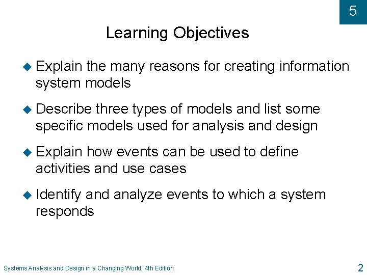 5 Learning Objectives u Explain the many reasons for creating information system models u