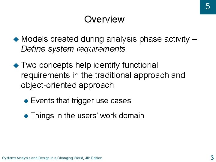 5 Overview u Models created during analysis phase activity – Define system requirements u
