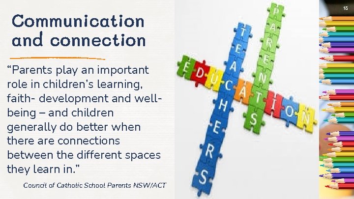 Communication and connection “Parents play an important role in children’s learning, faith- development and