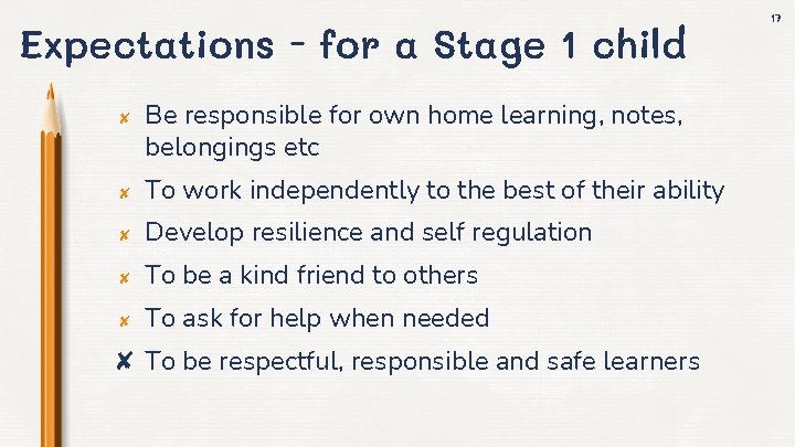 Expectations - for a Stage 1 child ✘ Be responsible for own home learning,