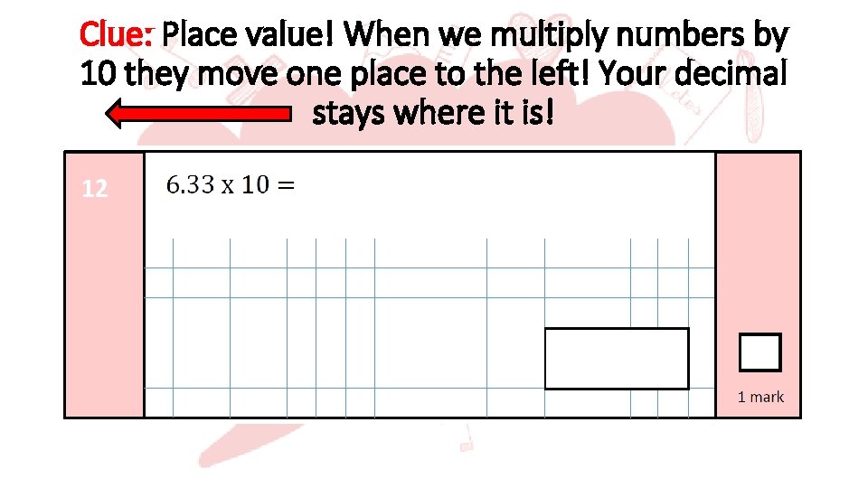 Clue: Place value! When we multiply numbers by 10 they move one place to