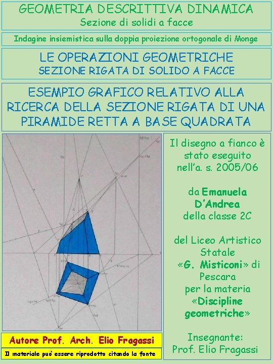 GEOMETRIA DESCRITTIVA DINAMICA Sezione di solidi a facce Indagine insiemistica sulla doppia proiezione ortogonale