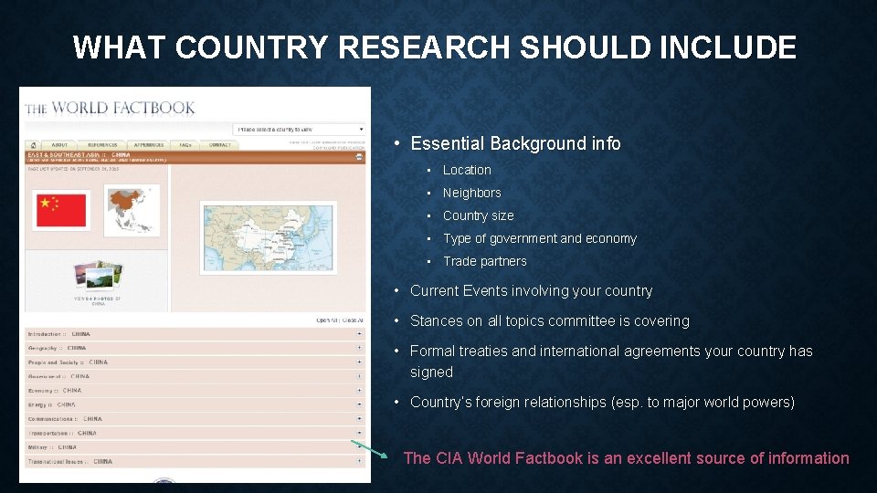 WHAT COUNTRY RESEARCH SHOULD INCLUDE • Essential Background info • Location • Neighbors •