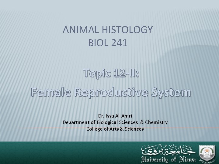 ANIMAL HISTOLOGY BIOL 241 Topic 12 -II: Female Reproductive System Dr. Issa Al-Amri Department