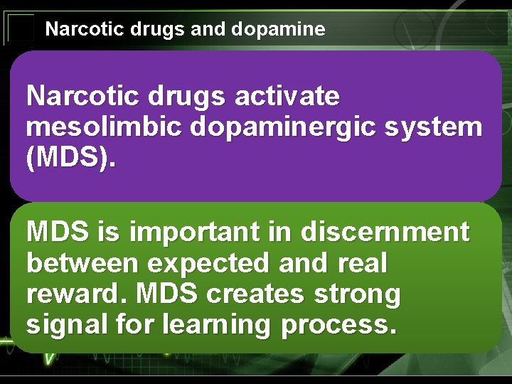 Narcotic drugs and dopamine Narcotic drugs activate mesolimbic dopaminergic system (MDS). MDS is important